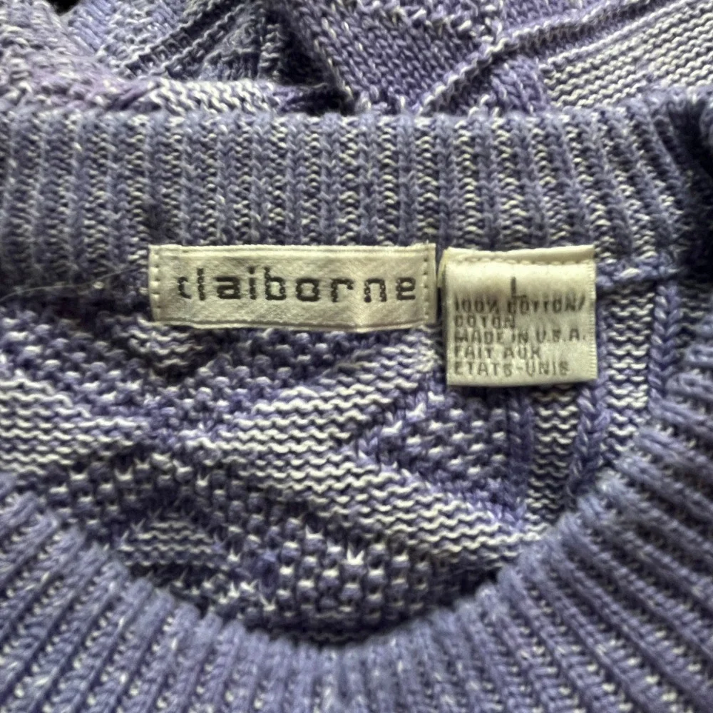 Vtg Claiborne Geometric Textured Knit Cotton Sweater Mens L Purple USA Grampcore